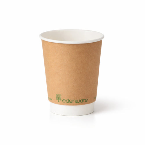 12oz compostable kraft double wall paper cup - front view on white background