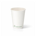 12oz compostable white single wall paper cup - front view on white background 