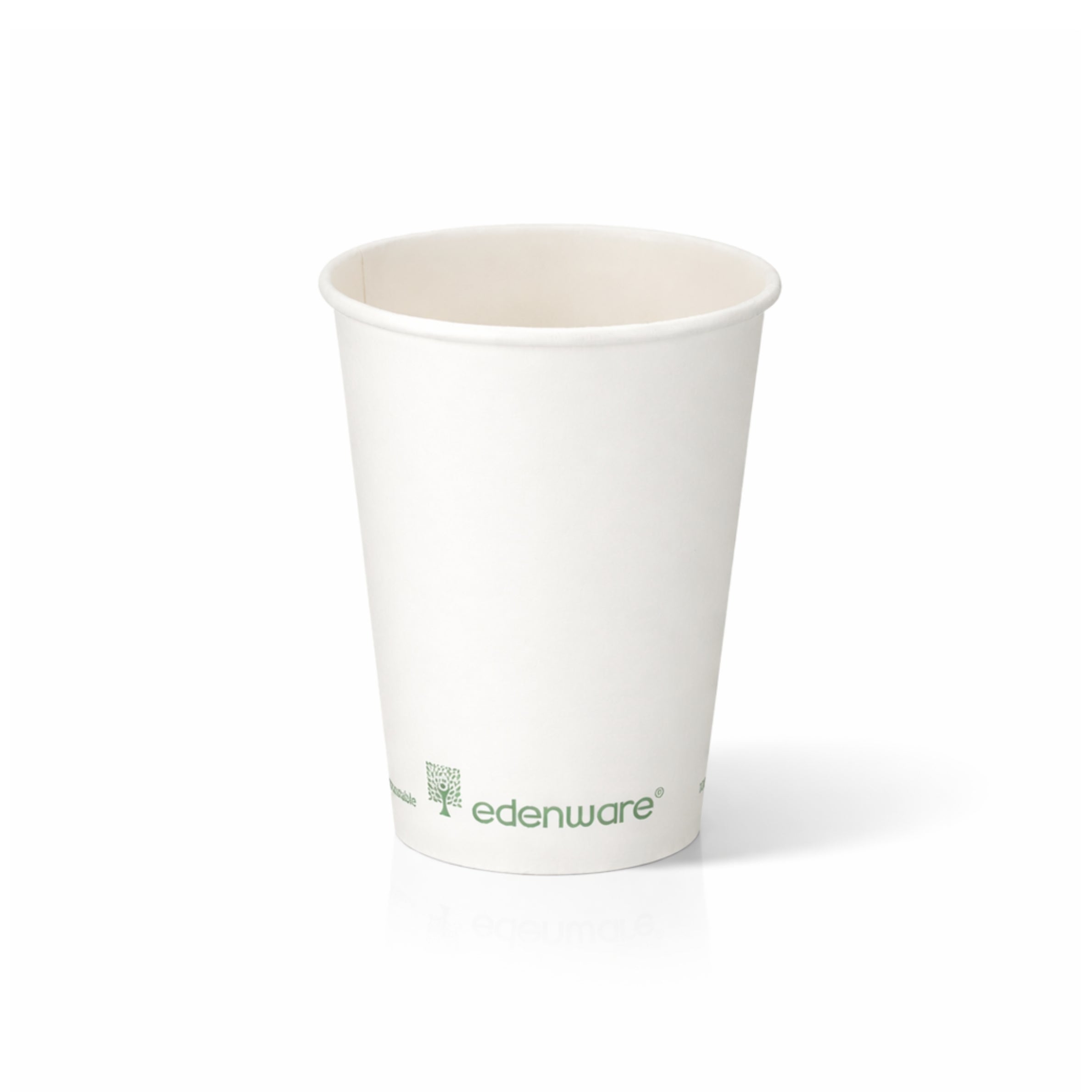 12oz compostable white single wall paper cup - front view on white background 