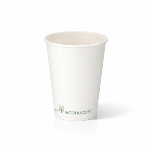 12oz compostable white single wall paper cup - front view on white background 