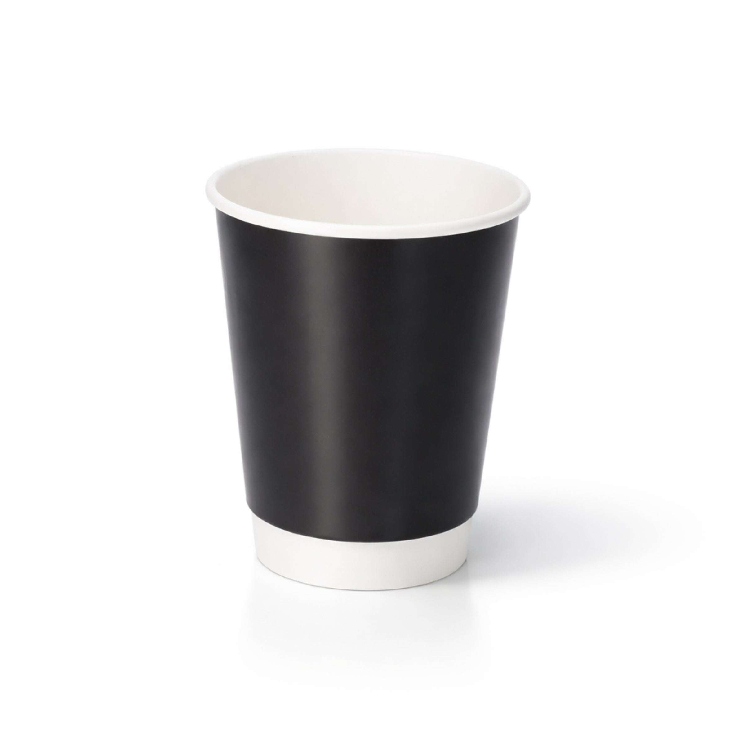 Black Double Wall Coffee Cups 12oz.jpg	12oz-black-double-wall-paper-cup-front-view.jpg	12oz Black Double Wall Paper Cup centred on white, showing the matte black exterior, white rim and base band, subtle shadow
