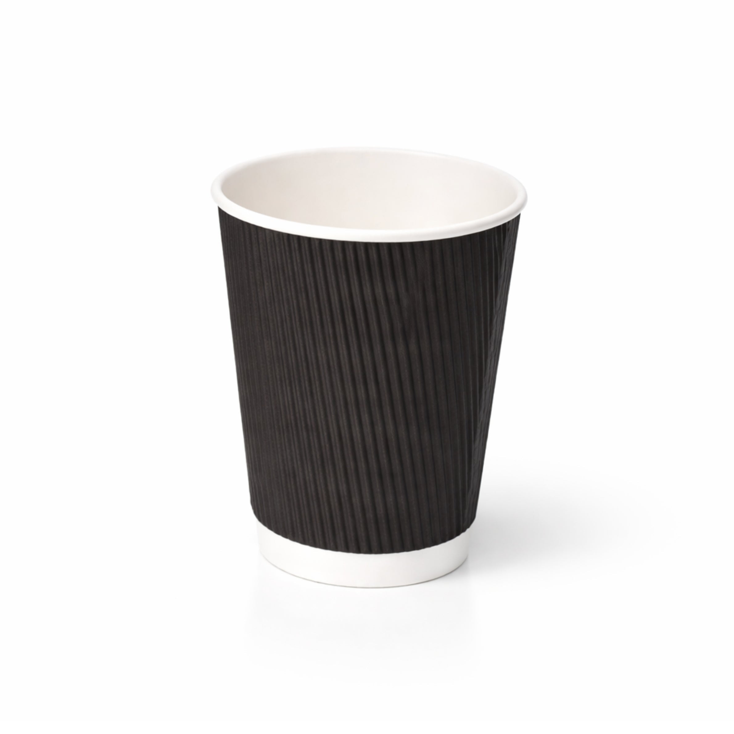 12oz Black Ripple Wall Paper Cup on white, vertical ripple texture exterior, white rim and base band, subtle shadow