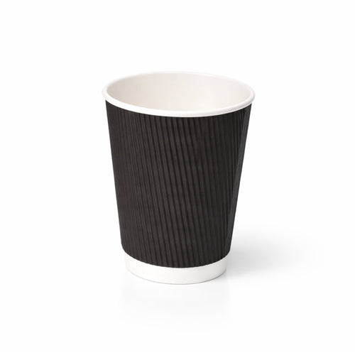 12oz Black Ripple Wall Paper Cup on white, vertical ripple texture exterior, white rim and base band, subtle shadow