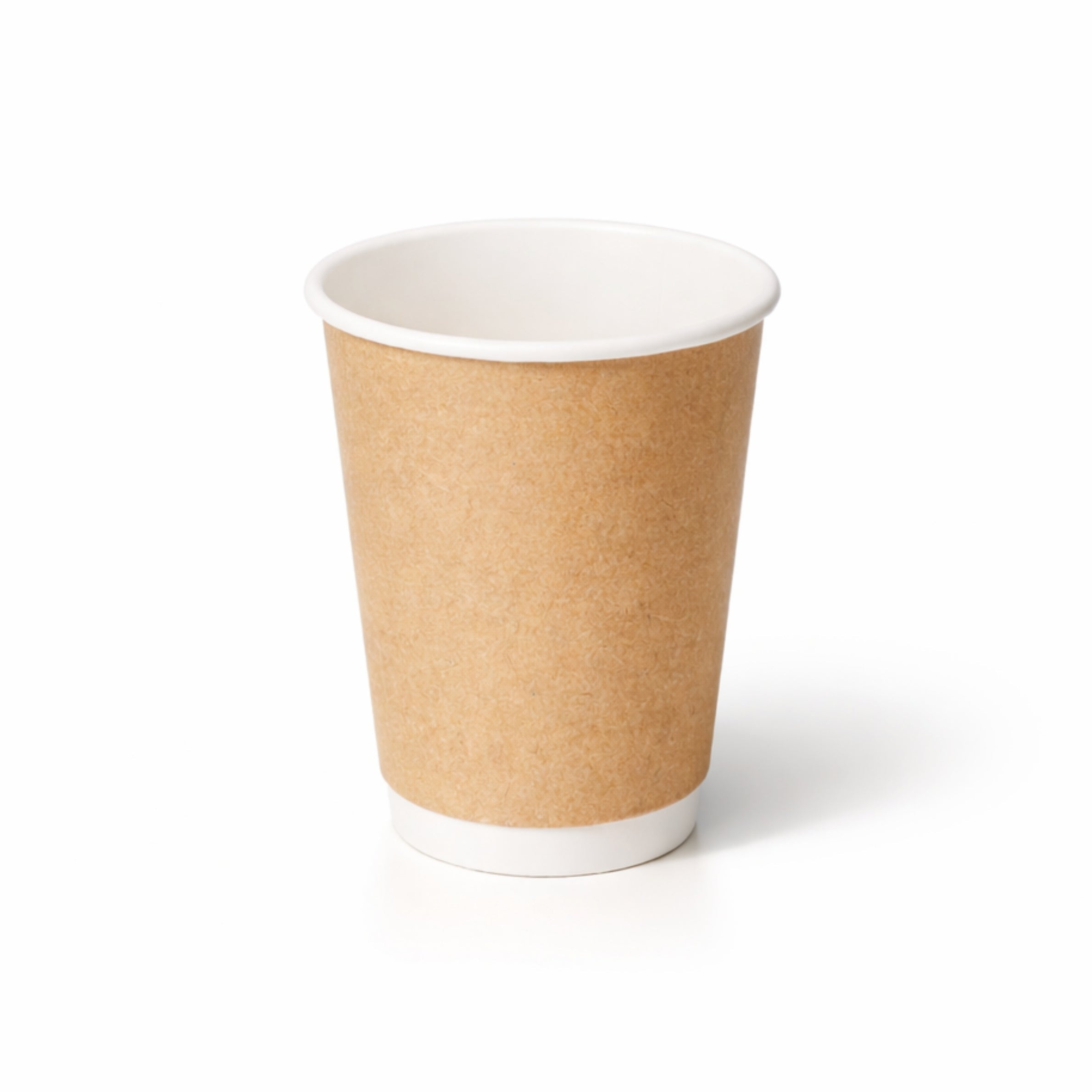 12oz Kraft Double Wall Paper Cup centred on white, showing the natural kraft exterior, white rim and base band, subtle shadow