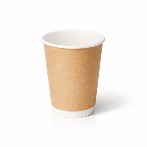 12oz Kraft Double Wall Paper Cup centred on white, showing the natural kraft exterior, white rim and base band, subtle shadow