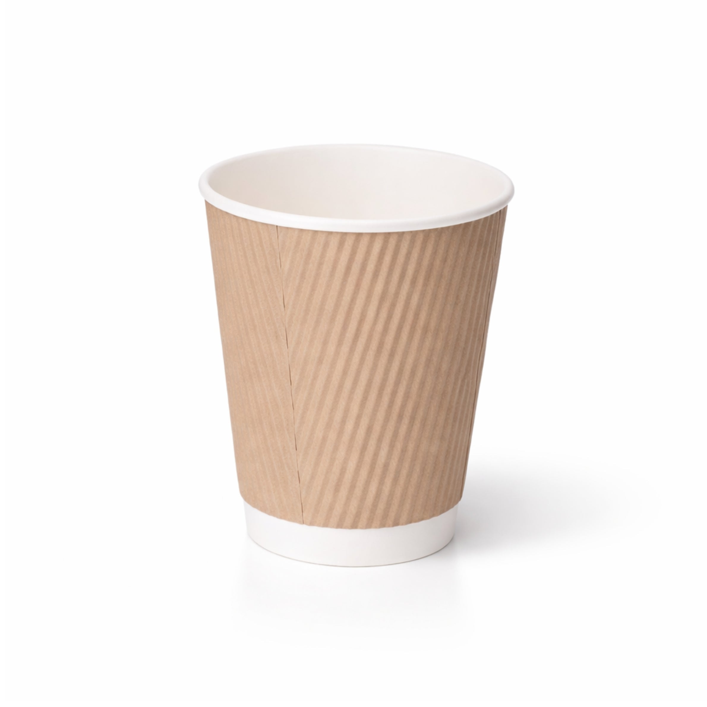 12oz Kraft Ripple Wall Paper Cup on white, diagonal ripple texture exterior, white rim and base band, subtle shadow