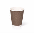 12oz VIP Ripple Wall Paper Cup on white, dark brown woven texture exterior, white rim and base band, subtle shadow
