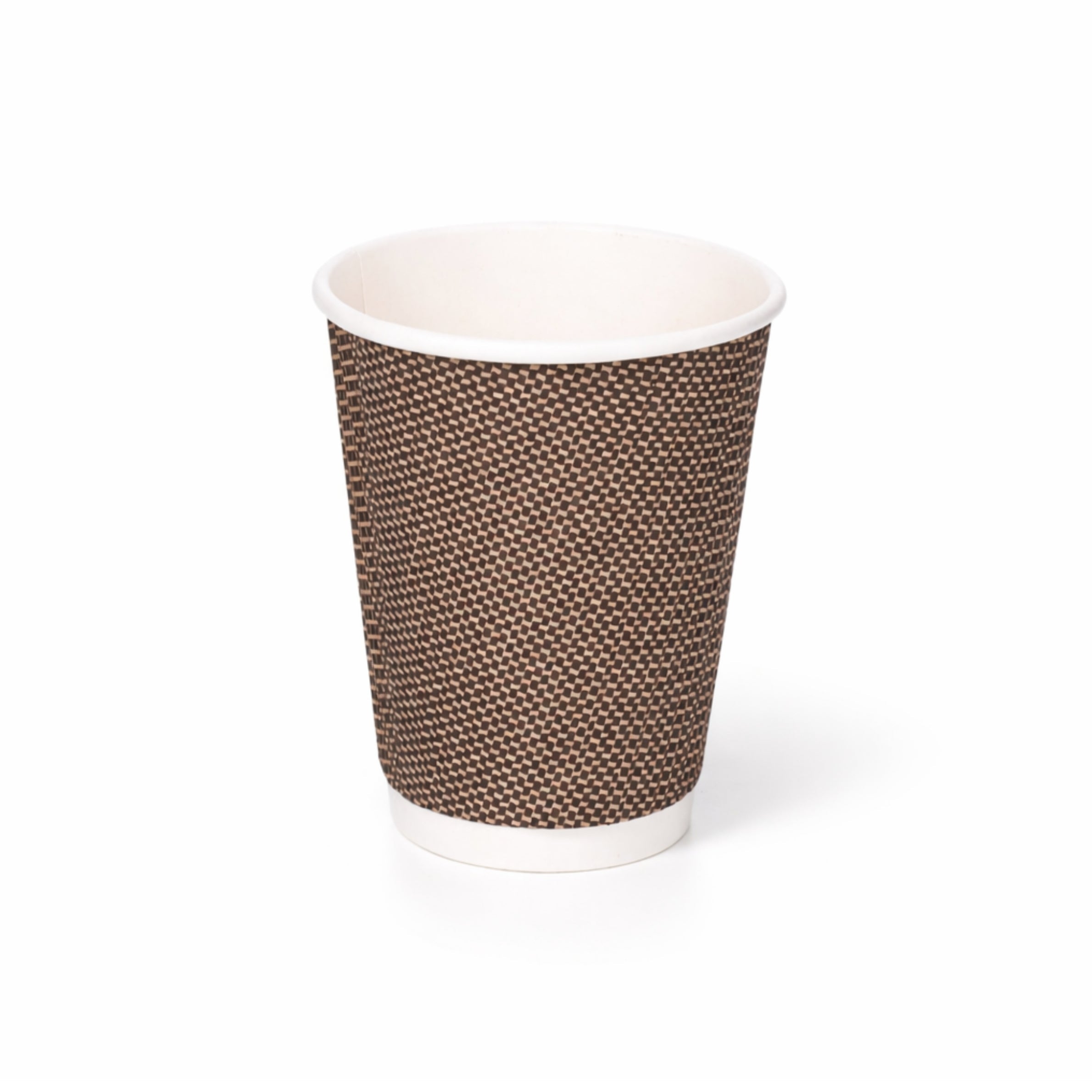12oz VIP Ripple Wall Paper Cup on white, dark brown woven texture exterior, white rim and base band, subtle shadow