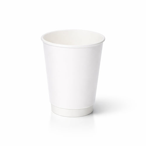 12oz White Double Wall Paper Cup centred on white, smooth white exterior and double-wall base band, subtle shadow