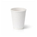 12oz White Ripple Wall Paper Cup on white background, vertical ripple texture exterior, rolled rim, subtle shadow