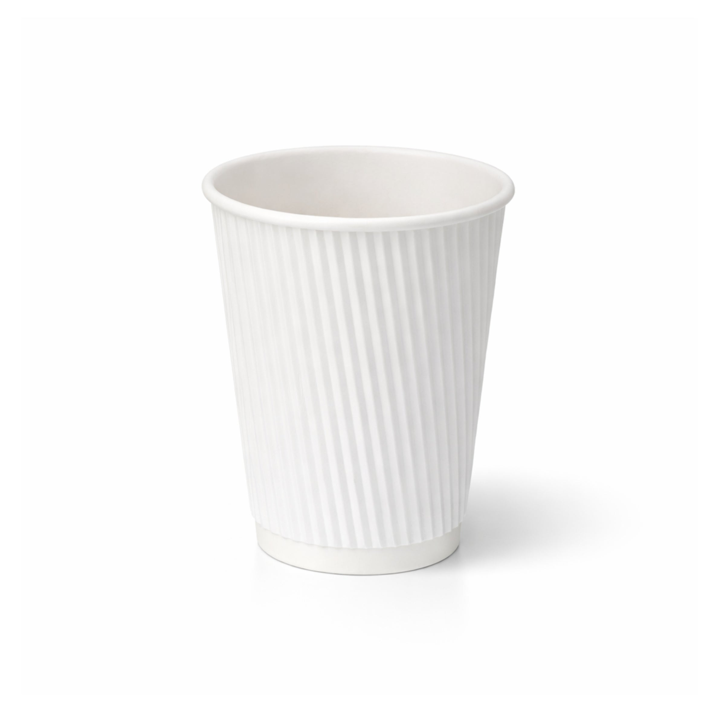 12oz White Ripple Wall Paper Cup on white background, vertical ripple texture exterior, rolled rim, subtle shadow