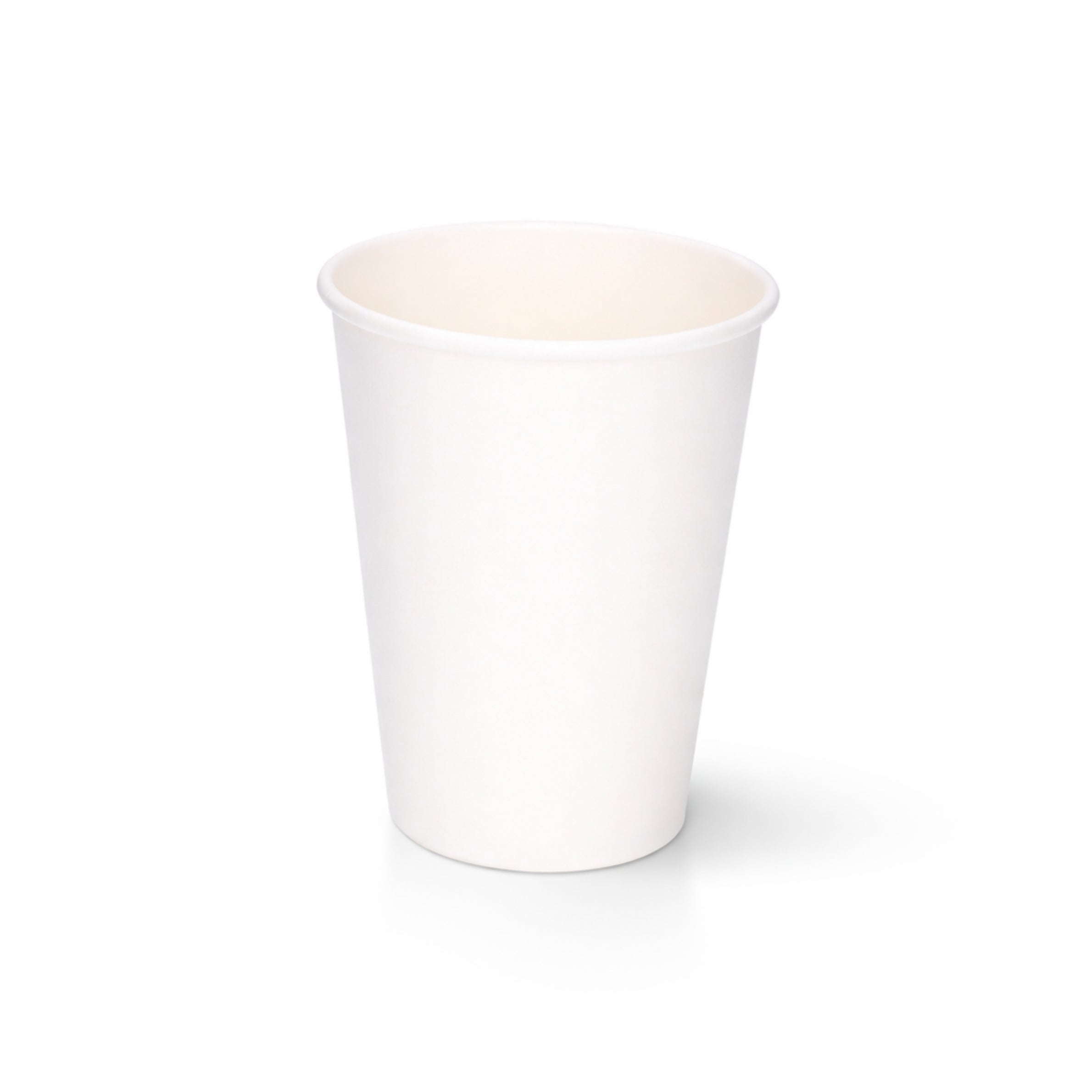 12oz White Single Wall Paper Cup centred on a plain white background, subtle shadow beneath showing the full tapered body