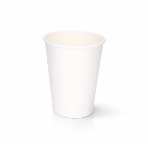 12oz White Single Wall Paper Cup centred on a plain white background, subtle shadow beneath showing the full tapered body