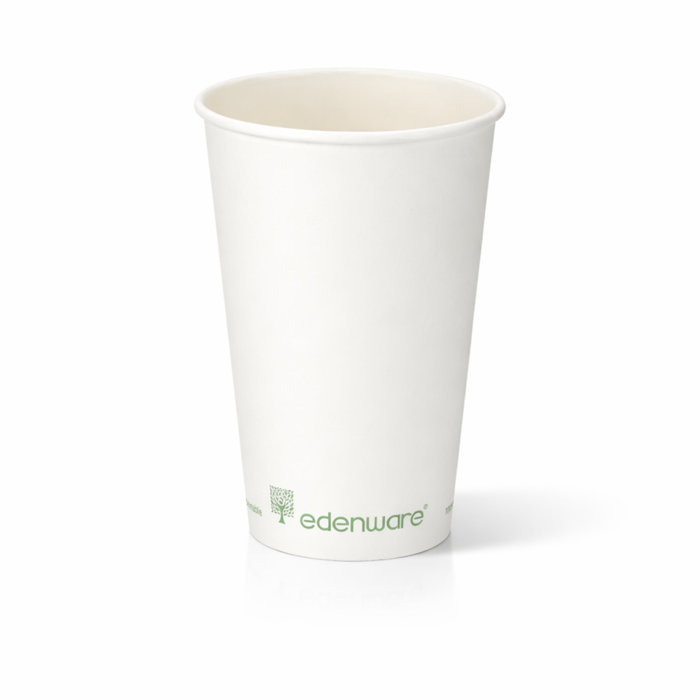 16oz compostable white single wall paper cup - front view on white background