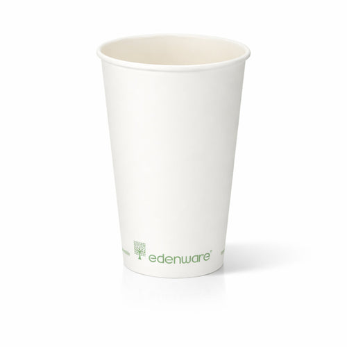 16oz compostable white single wall paper cup - front view on white background