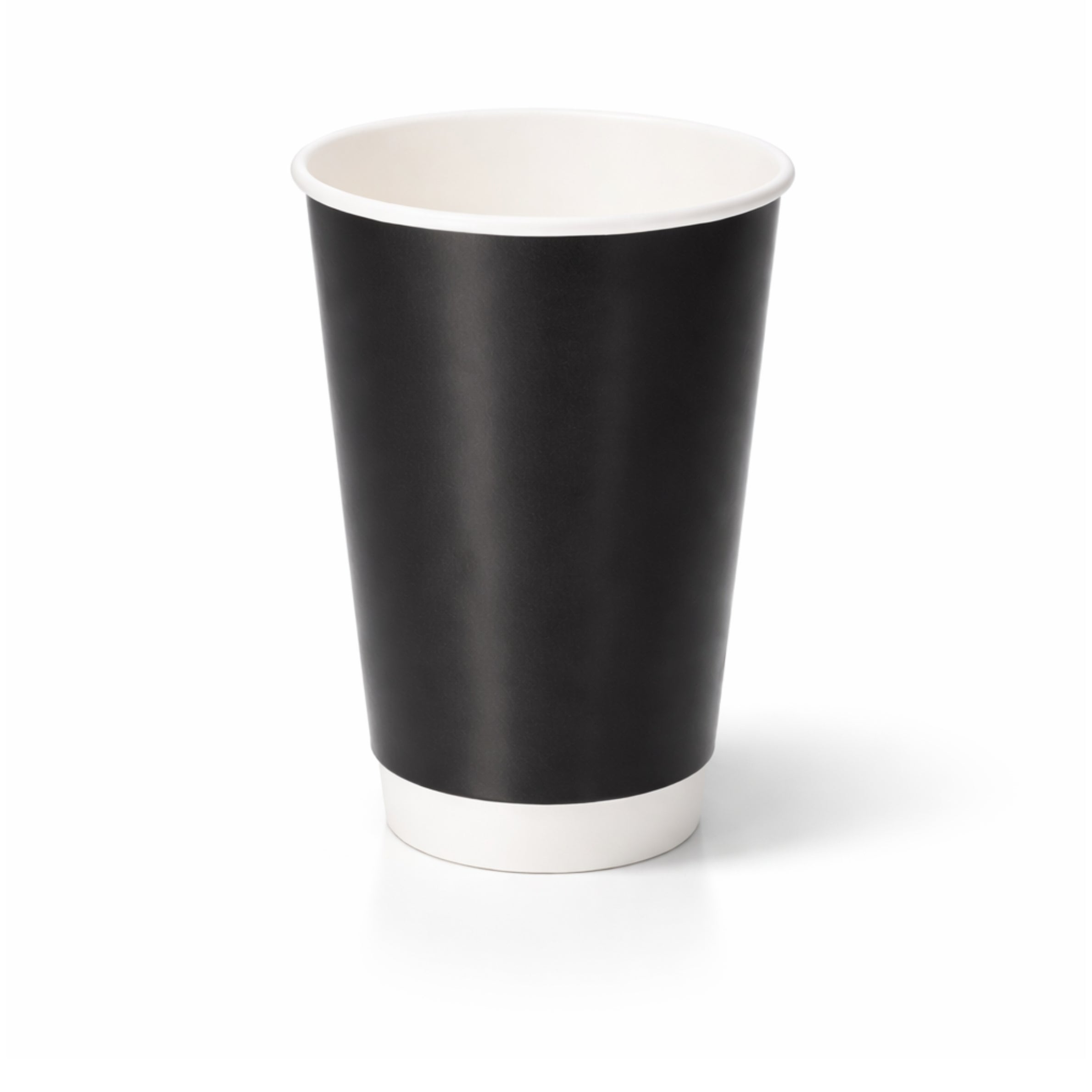 16oz Black Double Wall Paper Cup on white, tall matte black exterior, white rim and base band, subtle shadow