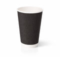16oz Black Ripple Wall Paper Cup on white, tall vertical ripple texture exterior, white rim and base band, subtle shadow