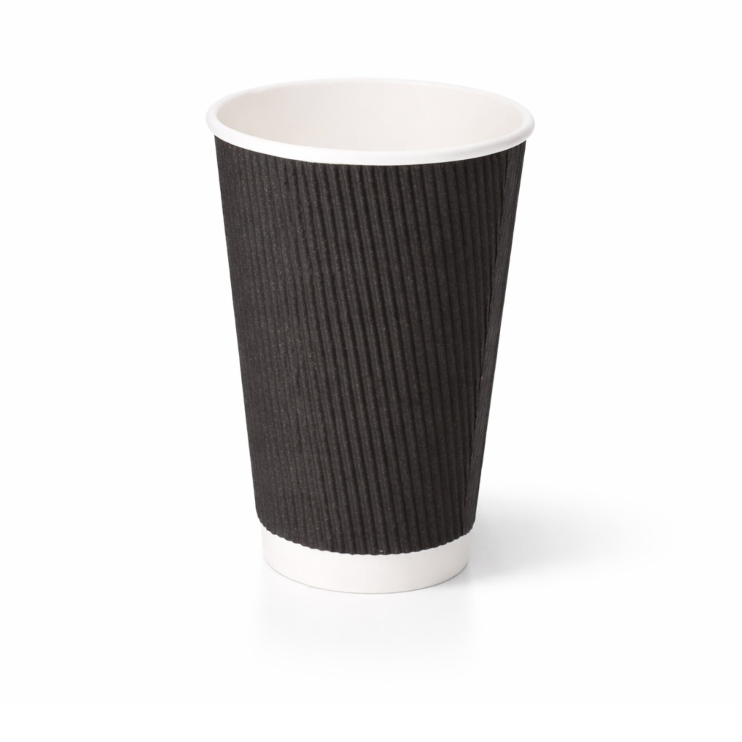 16oz Black Ripple Wall Paper Cup on white, tall vertical ripple texture exterior, white rim and base band, subtle shadow