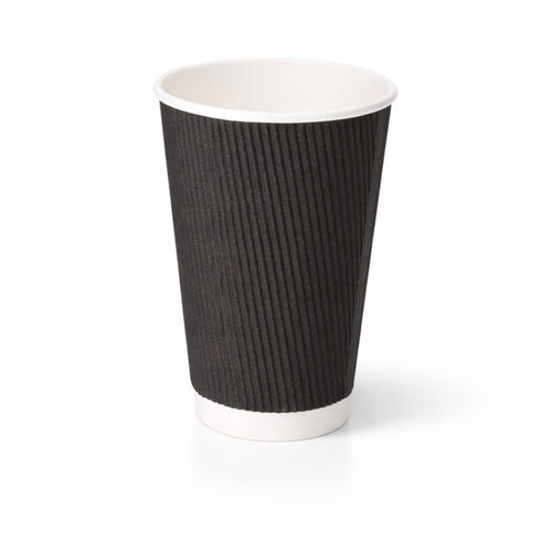 16oz Black Ripple Wall Paper Cup on white, tall vertical ripple texture exterior, white rim and base band, subtle shadow