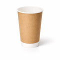 16oz Kraft Double Wall Paper Cup on white, showing the tall kraft exterior, white rim and base band, subtle shadow beneath
