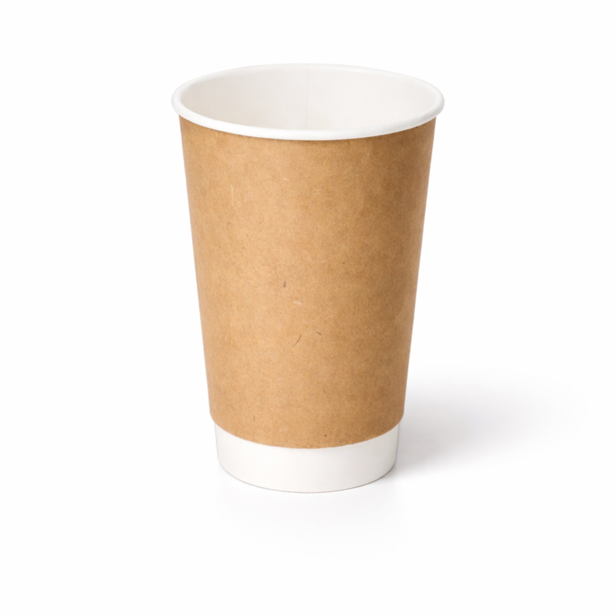 16oz Kraft Double Wall Paper Cup on white, showing the tall kraft exterior, white rim and base band, subtle shadow beneath