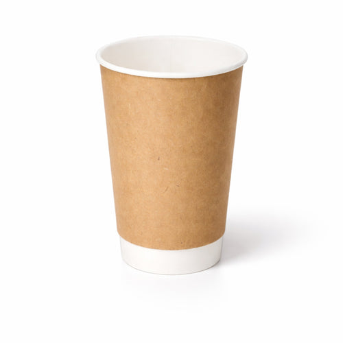 16oz Kraft Double Wall Paper Cup on white, showing the tall kraft exterior, white rim and base band, subtle shadow beneath