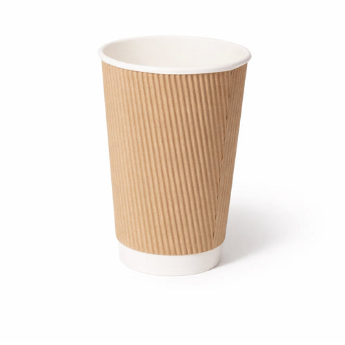 16oz Kraft Ripple Wall Paper Cup on white, tall vertical ripple texture exterior, white rim and base band, subtle shadow