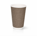 16oz VIP Ripple Wall Paper Cup on white, tall dark brown woven texture exterior, white rim and base band, subtle shadow