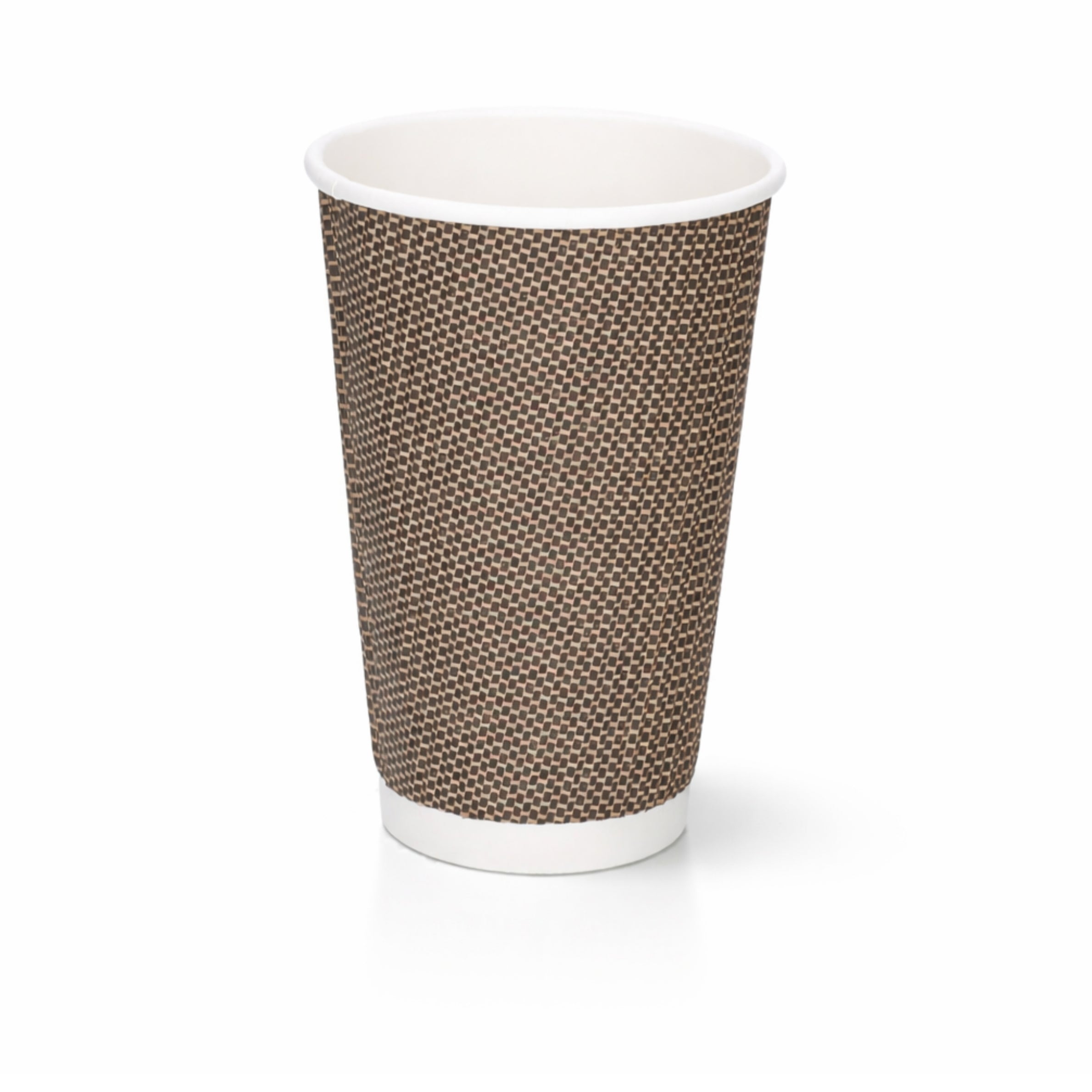 16oz VIP Ripple Wall Paper Cup on white, tall dark brown woven texture exterior, white rim and base band, subtle shadow