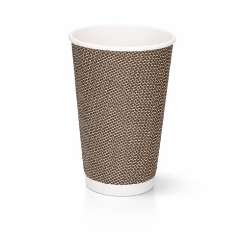 16oz VIP Ripple Wall Paper Cup on white, tall dark brown woven texture exterior, white rim and base band, subtle shadow