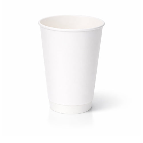 16oz White Double Wall Paper Cup centred on white, tall smooth white exterior and double-wall base band, subtle shadow