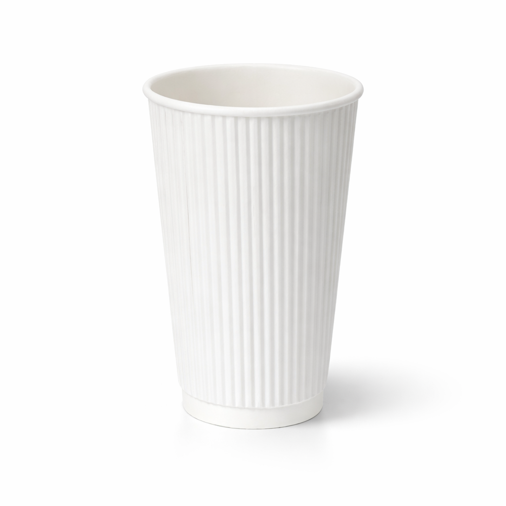 16oz White Ripple Wall Paper Cup on white background, tall vertical ripple texture exterior, white base band, subtle shadow