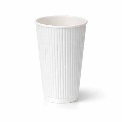 16oz White Ripple Wall Paper Cup on white background, tall vertical ripple texture exterior, white base band, subtle shadow