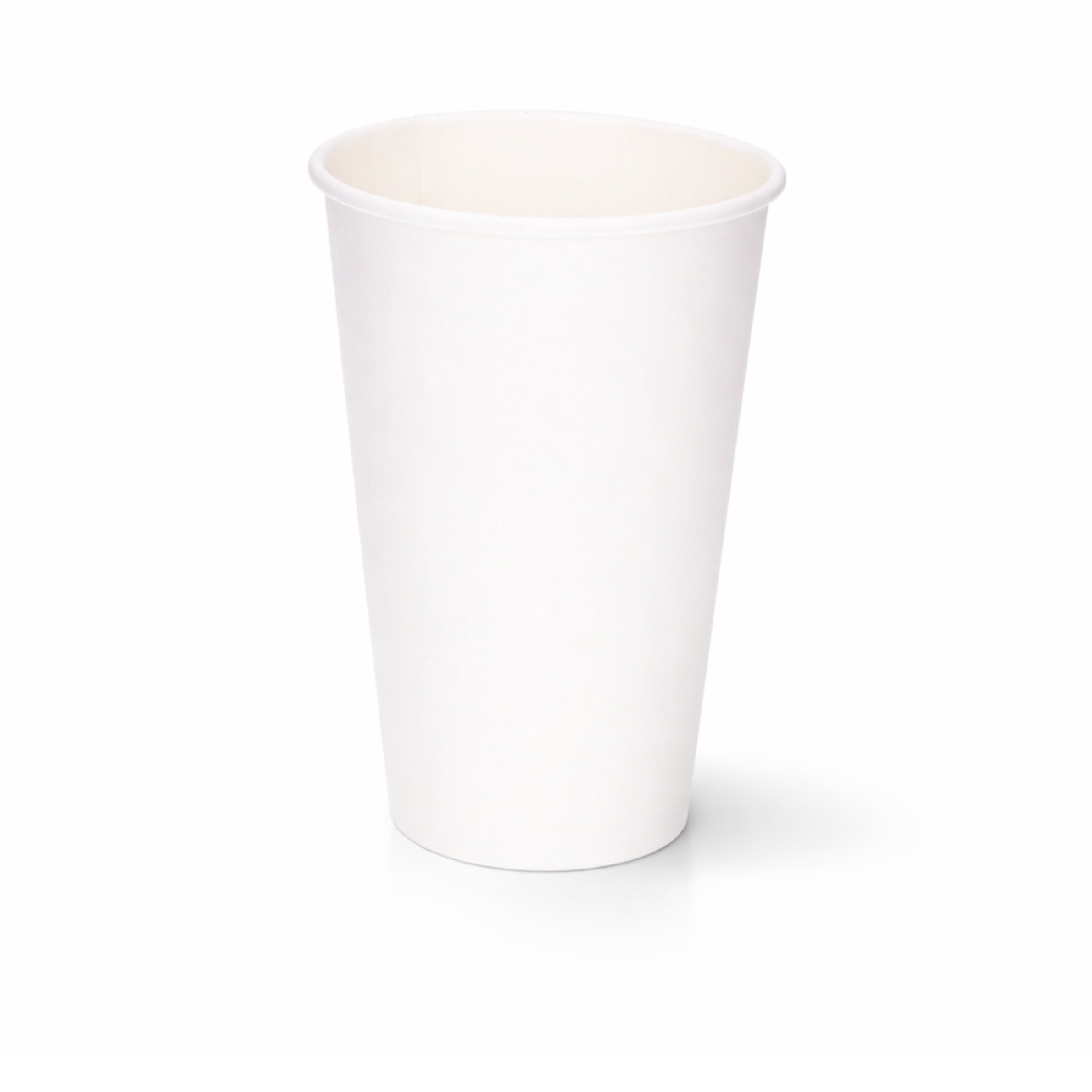 16oz White Single Wall Paper Cup centred on a plain white background, subtle shadow beneath showing the tall tapered body