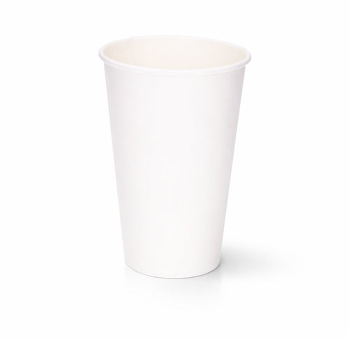 16oz White Single Wall Paper Cup centred on a plain white background, subtle shadow beneath showing the tall tapered body
