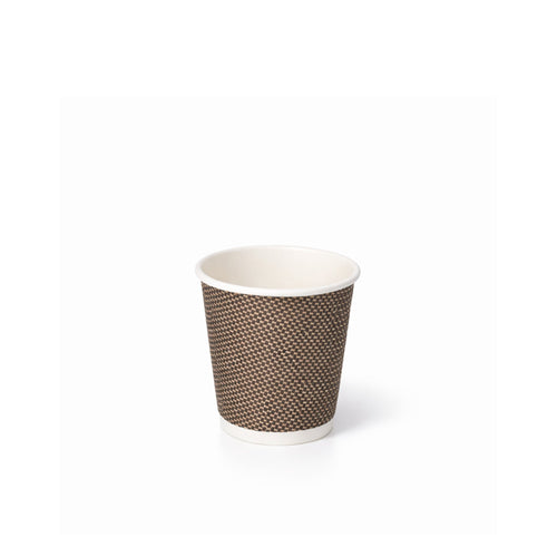 4oz VIP Ripple Wall Paper Cup on white, dark brown woven texture exterior, white rim and base band, subtle shadow