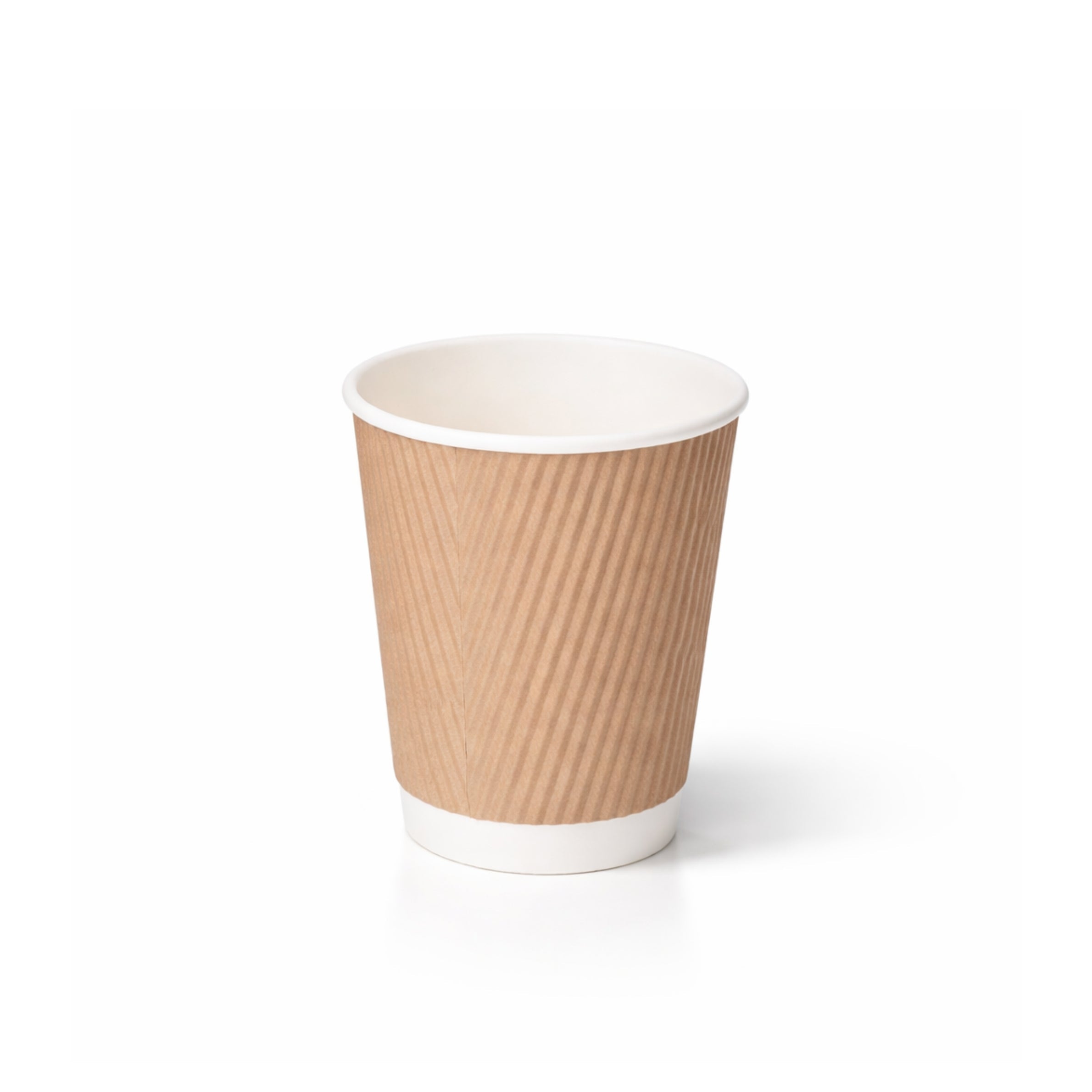 Brown paper cup with white rim on a white background
