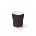 8oz Black Ripple Wall Paper Cup on white, vertical ripple texture exterior, white rim and base band, subtle shadow