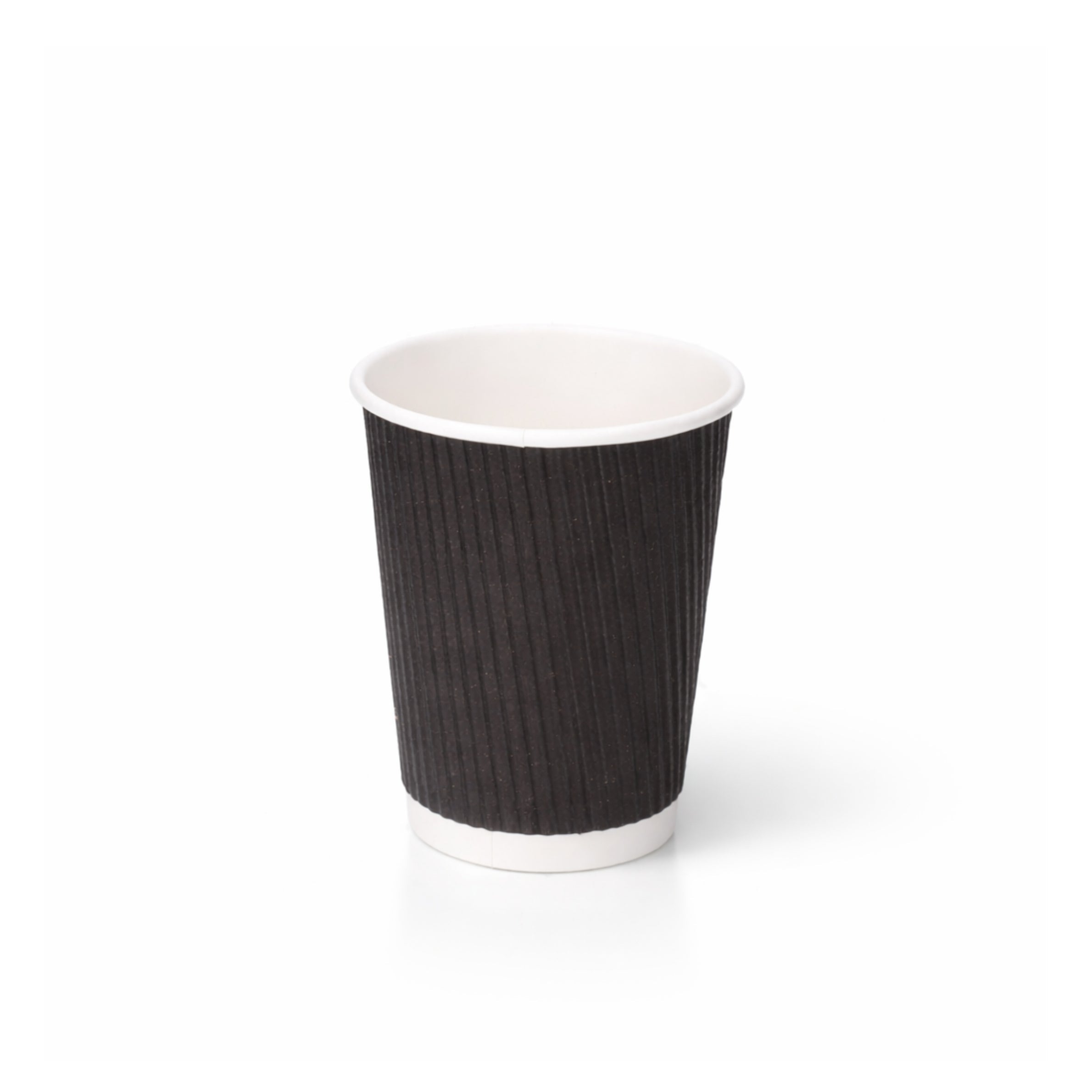 8oz Black Ripple Wall Paper Cup on white, vertical ripple texture exterior, white rim and base band, subtle shadow