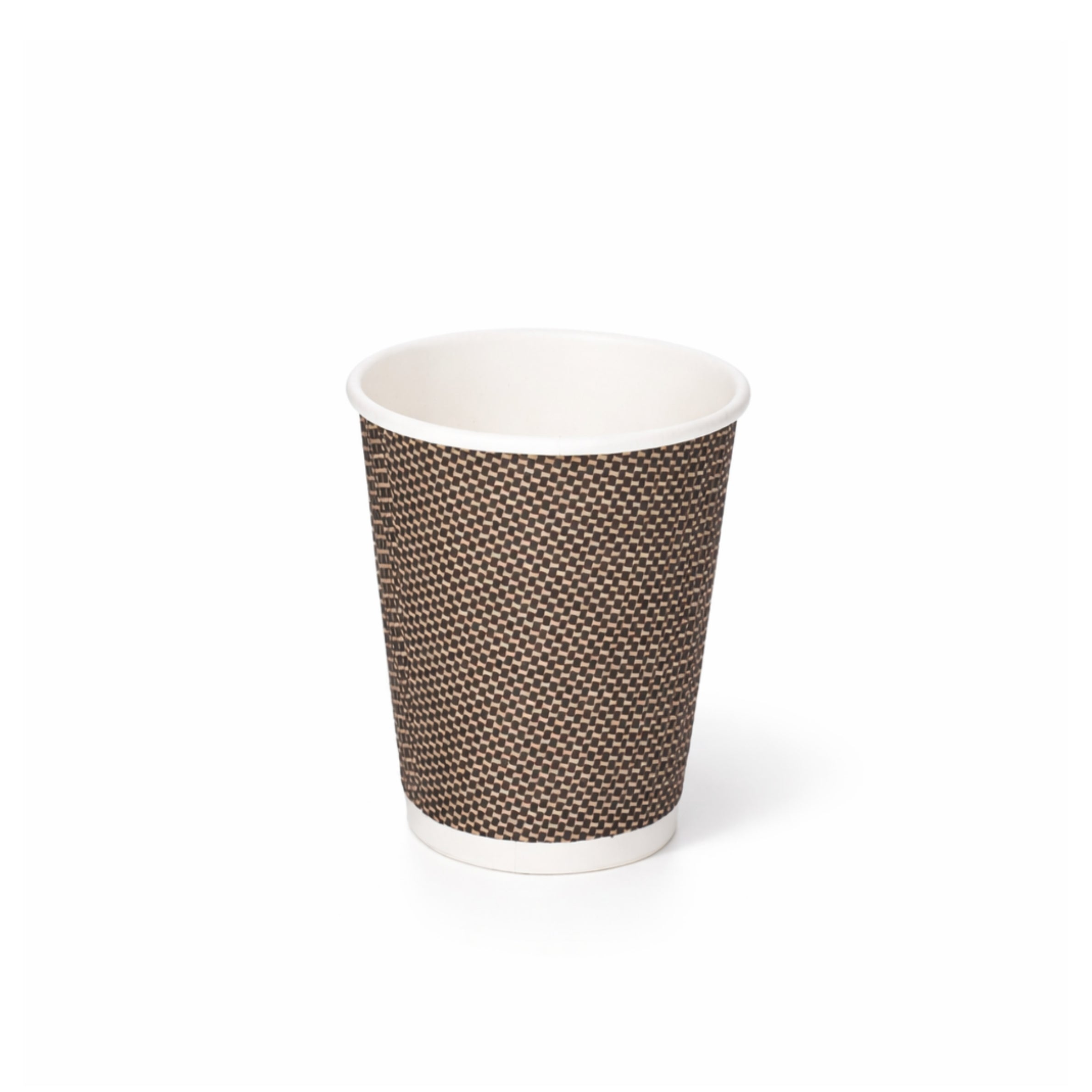 8oz VIP Ripple Wall Paper Cup on white, dark brown woven texture exterior, white rim and base band, subtle shadow