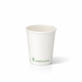 8oz White Compostable Single Wall Paper Cup on white, smooth exterior with green compostable branding, subtle shadow