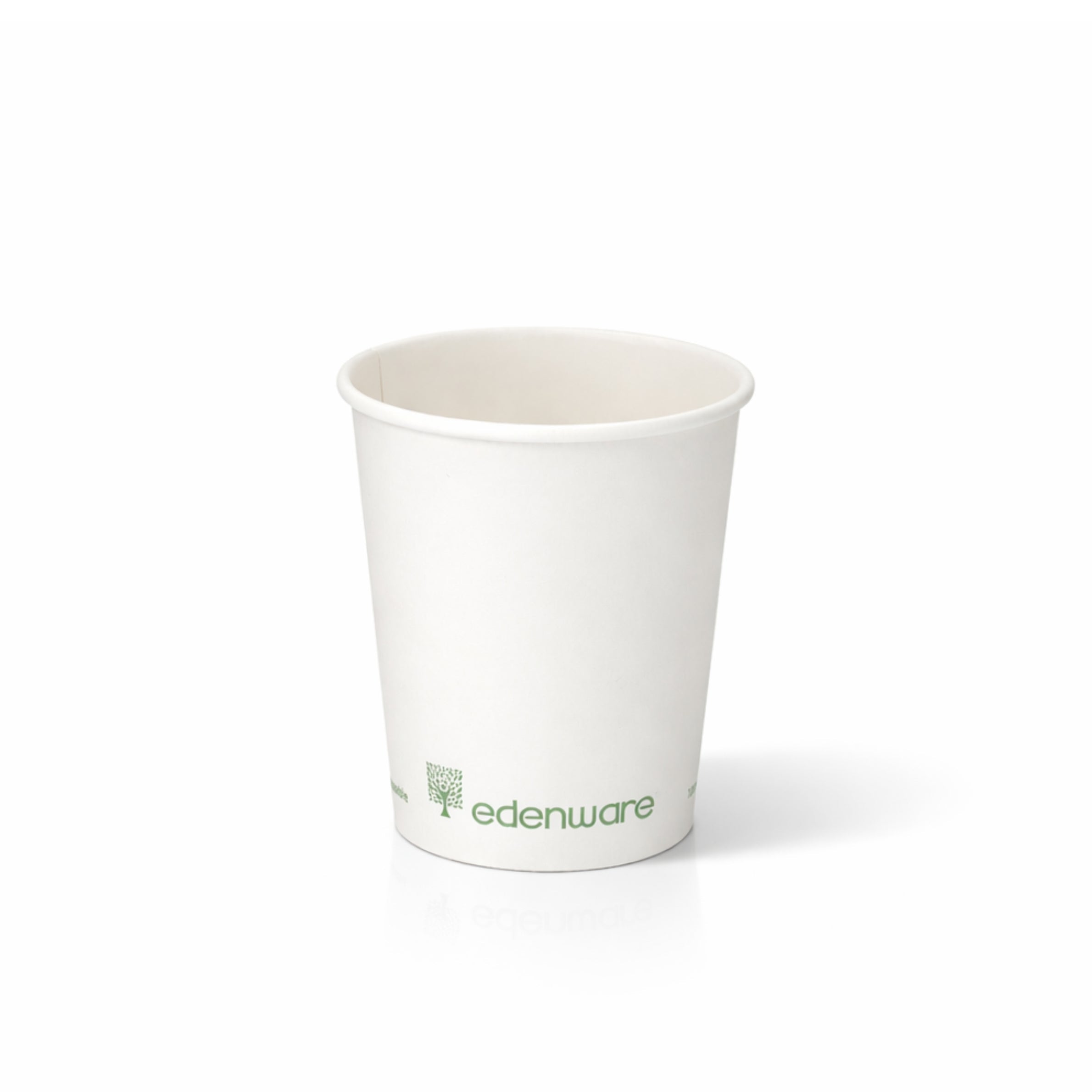 8oz White Compostable Single Wall Paper Cup on white, smooth exterior with green compostable branding, subtle shadow