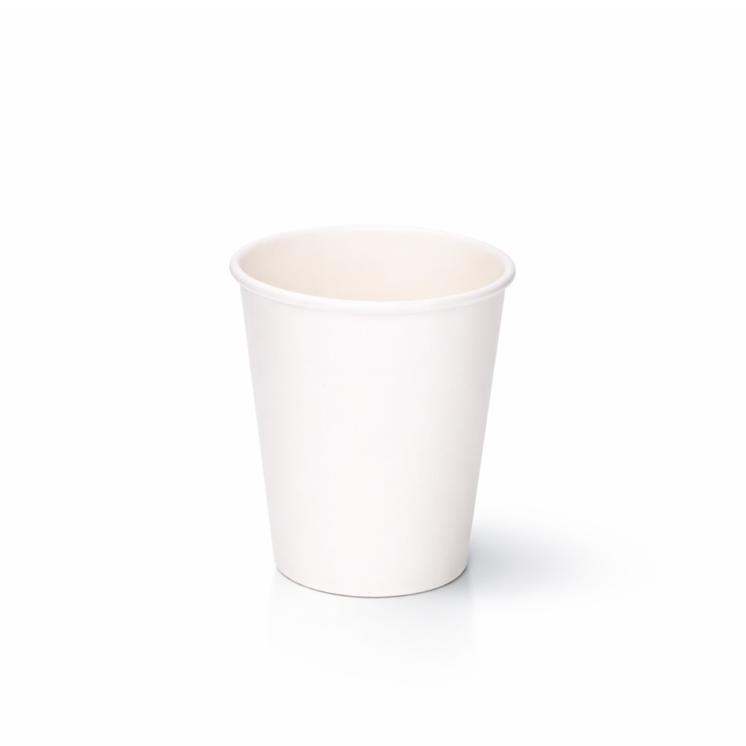 8oz White Single Wall Paper Cup centred on a plain white background, subtle shadow beneath showing the full tapered body