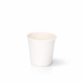 White 6oz single wall paper cup centred on a plain white background, subtle shadow beneath showing full height and rolled rim