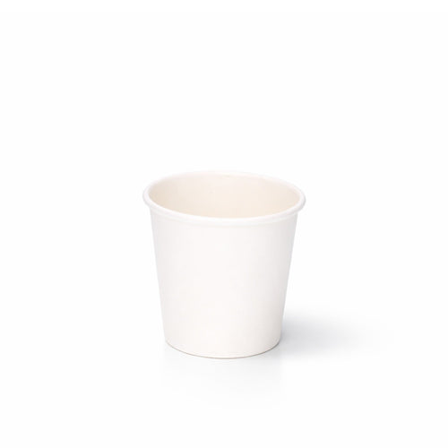 White 6oz single wall paper cup centred on a plain white background, subtle shadow beneath showing full height and rolled rim